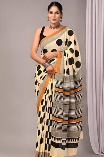 Cream cotton hand block printed mulmul sarees with attach printed blouse