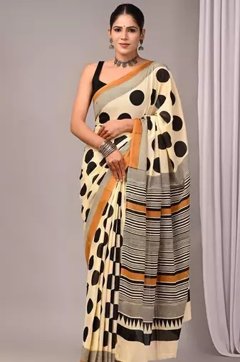 Cream cotton hand block printed mulmul sarees with attach printed blouse