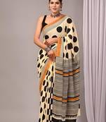 Cream cotton hand block printed mulmul sarees with attach printed blouse