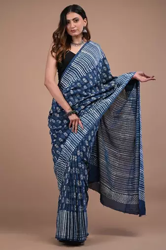 Blue cotton hand block printed mulmul sarees with attach printed blouse