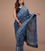 Blue cotton hand block printed mulmul sarees with attach printed blouse