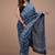 Blue cotton hand block printed mulmul sarees with attach printed blouse