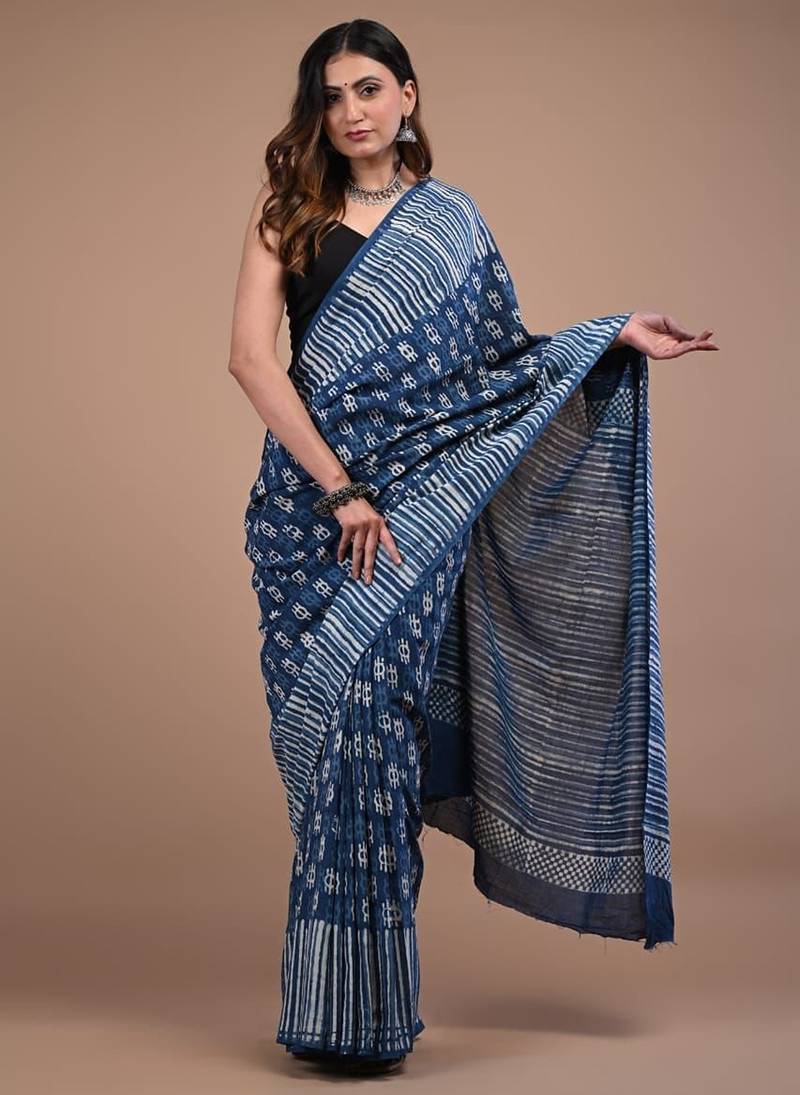 Blue cotton hand block printed mulmul sarees with attach printed blouse