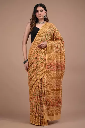 Orange cotton hand block printed mulmul sarees with attach printed blouse