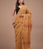 Orange cotton hand block printed mulmul sarees with attach printed blouse