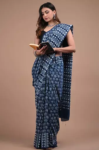 Blue cotton hand block printed mulmul sarees with attach printed blouse