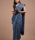 Blue cotton hand block printed mulmul sarees with attach printed blouse