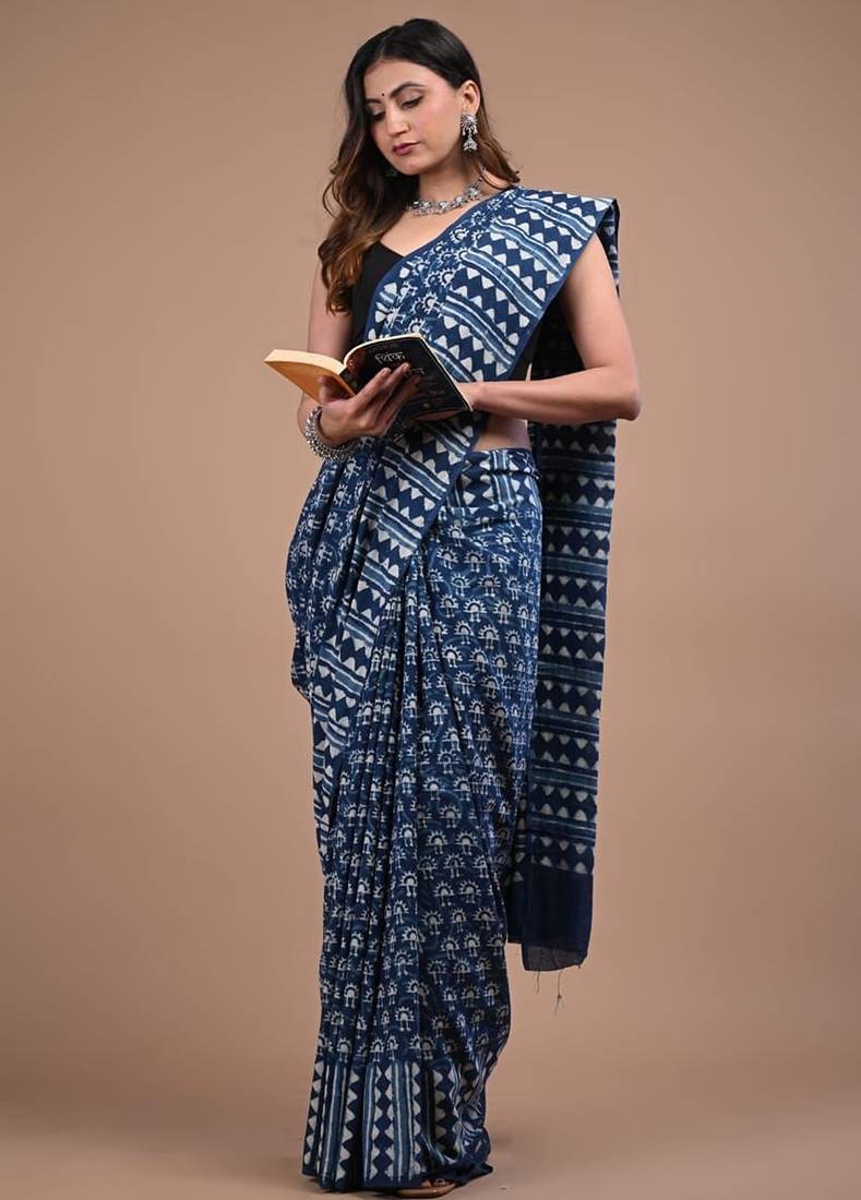 Blue cotton hand block printed mulmul sarees with attach printed blouse