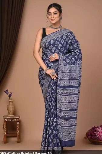 Blue cotton hand block printed mulmul sarees with attach printed blouse