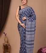 Blue cotton hand block printed mulmul sarees with attach printed blouse
