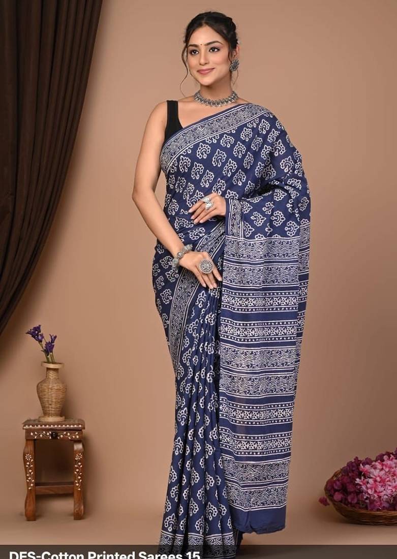 Blue cotton hand block printed mulmul sarees with attach printed blouse