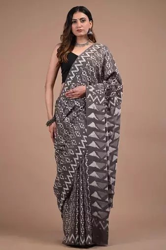 Black cotton hand block printed mulmul sarees with attach printed blouse