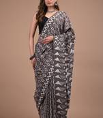 Black cotton hand block printed mulmul sarees with attach printed blouse