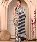Black cotton hand block printed mulmul sarees with attach printed blouse