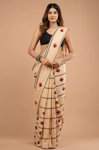 Beige cotton hand block printed mulmul sarees with attach printed blouse