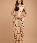 Beige cotton hand block printed mulmul sarees with attach printed blouse