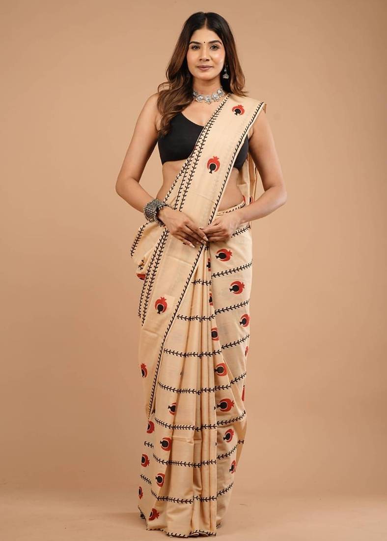Beige cotton hand block printed mulmul sarees with attach printed blouse