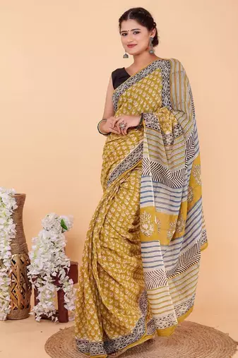 Yellow cotton hand block printed mulmul sarees with attach printed blouse