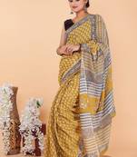 Yellow cotton hand block printed mulmul sarees with attach printed blouse