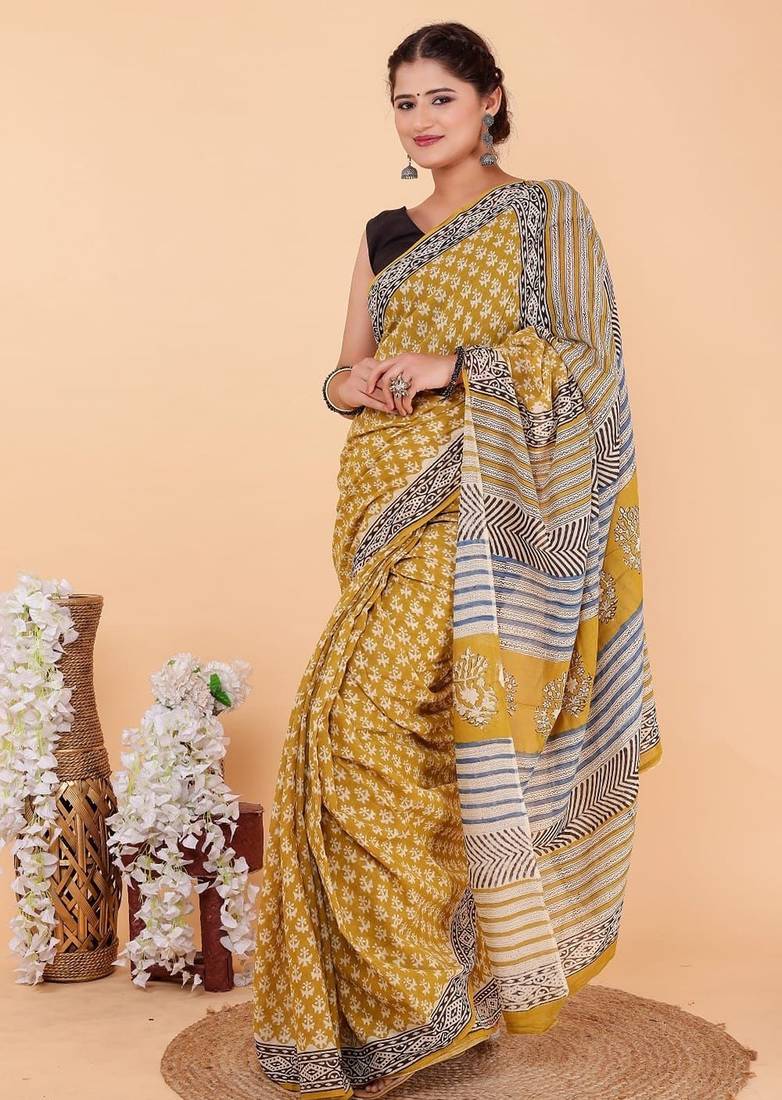 Yellow cotton hand block printed mulmul sarees with attach printed blouse
