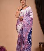 Purple cotton hand block printed mulmul sarees with attach printed blouse