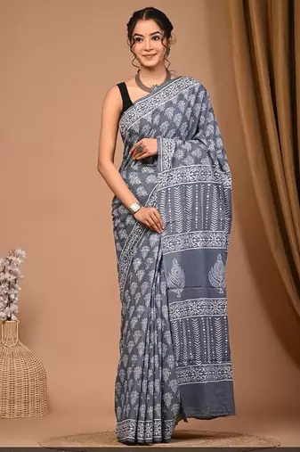 Grey cotton hand block printed mulmul sarees with attach printed blouse