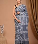 Grey cotton hand block printed mulmul sarees with attach printed blouse