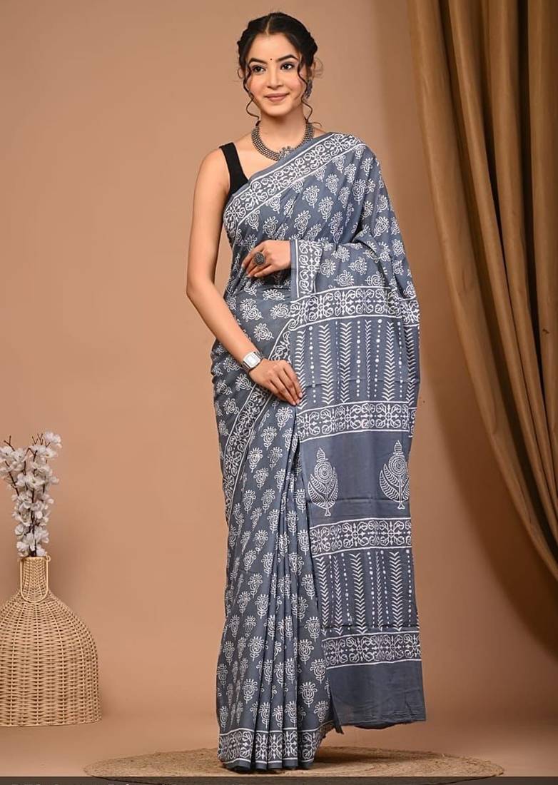 Grey cotton hand block printed mulmul sarees with attach printed blouse