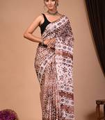 Brown cotton hand block printed mulmul sarees with attach printed blouse