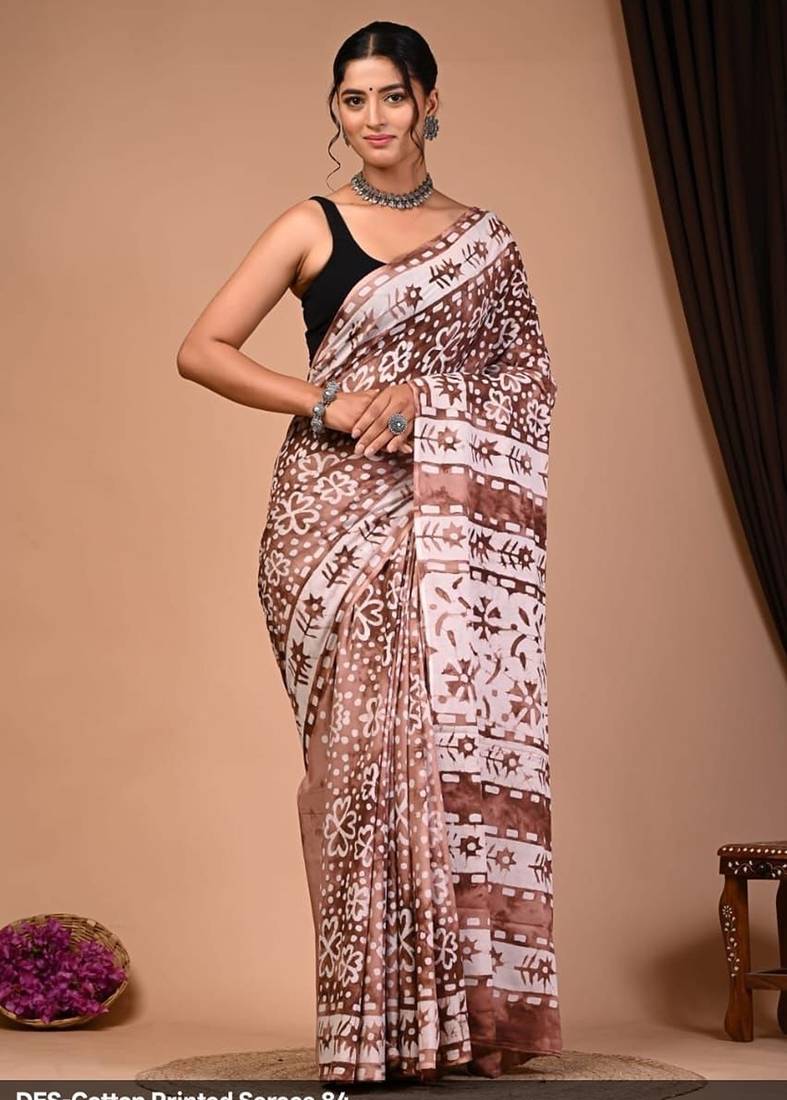 Brown cotton hand block printed mulmul sarees with attach printed blouse