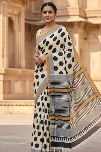 Off white cotton hand block printed mulmul sarees with attach printed blouse