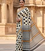 Off white cotton hand block printed mulmul sarees with attach printed blouse