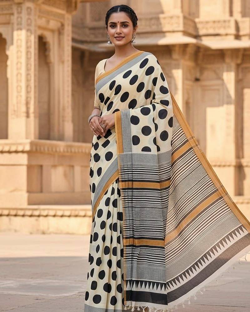 Off white cotton hand block printed mulmul sarees with attach printed blouse