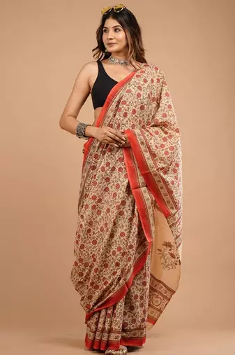 Orange cotton hand block printed mulmul sarees with attach printed blouse