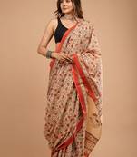 Orange cotton hand block printed mulmul sarees with attach printed blouse