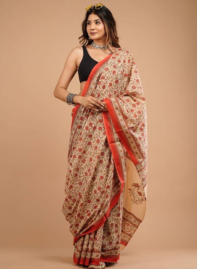 Orange cotton hand block printed mulmul sarees with attach printed blouse