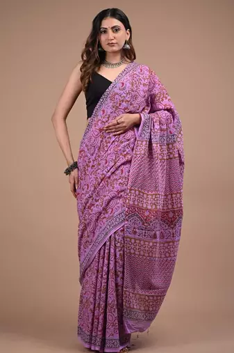 Lavender cotton hand block printed mulmul sarees with attach printed blouse