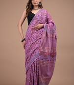 Lavender cotton hand block printed mulmul sarees with attach printed blouse