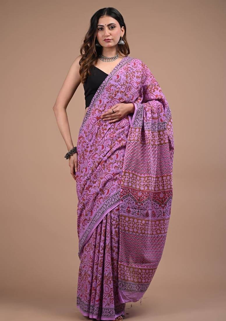 Lavender cotton hand block printed mulmul sarees with attach printed blouse
