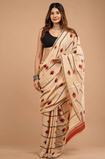 Cream cotton hand block printed mulmul sarees with attach printed blouse