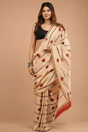 Cream cotton hand block printed mulmul sarees with attach printed blouse