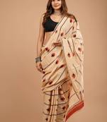 Cream cotton hand block printed mulmul sarees with attach printed blouse