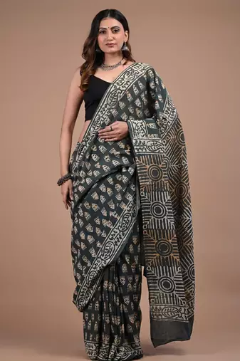Grey cotton hand block printed mulmul sarees with attach printed blouse