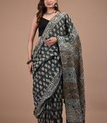 Grey cotton hand block printed mulmul sarees with attach printed blouse