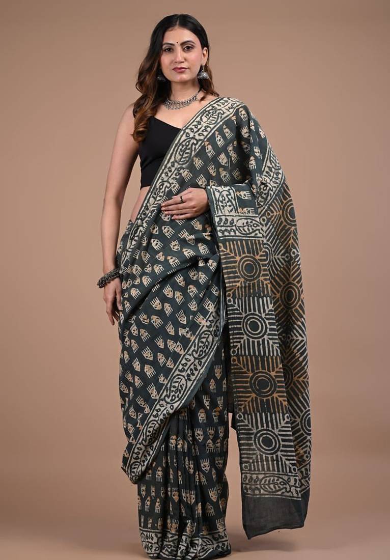 Grey cotton hand block printed mulmul sarees with attach printed blouse