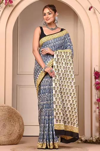 Multicolor cotton hand block printed mulmul sarees with attach printed blouse
