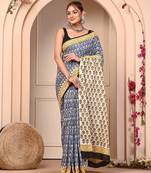 Multicolor cotton hand block printed mulmul sarees with attach printed blouse