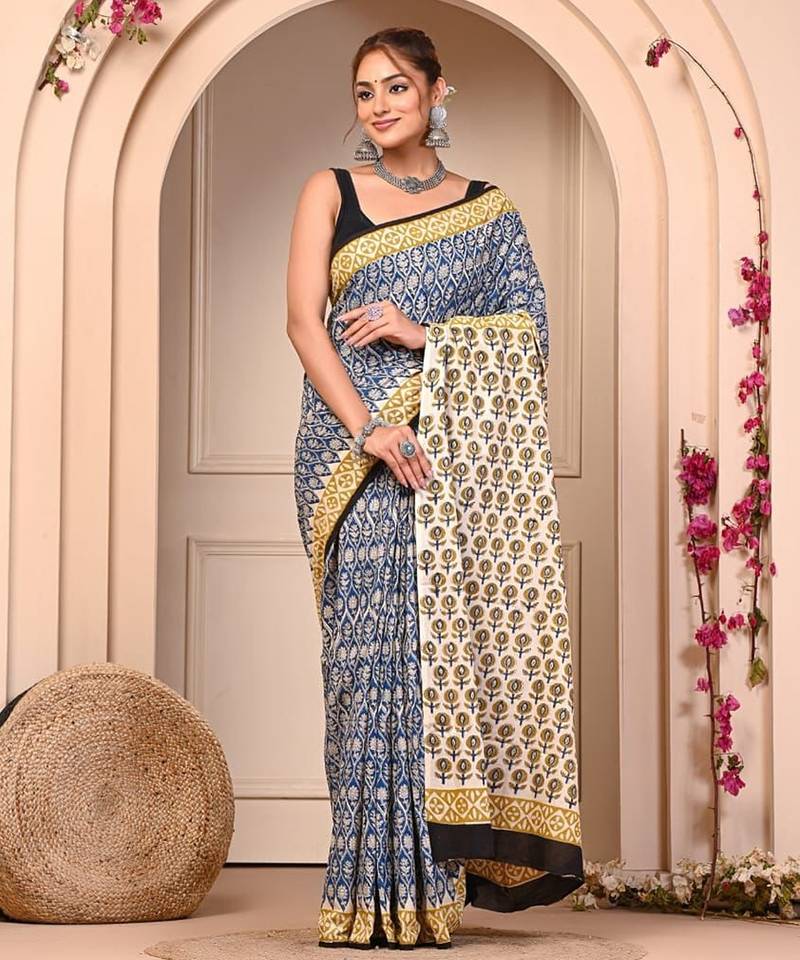 Multicolor cotton hand block printed mulmul sarees with attach printed blouse