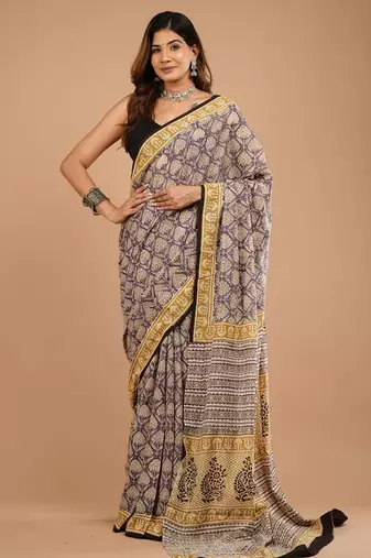 Multicolor cotton hand block printed mulmul sarees with attach printed blouse