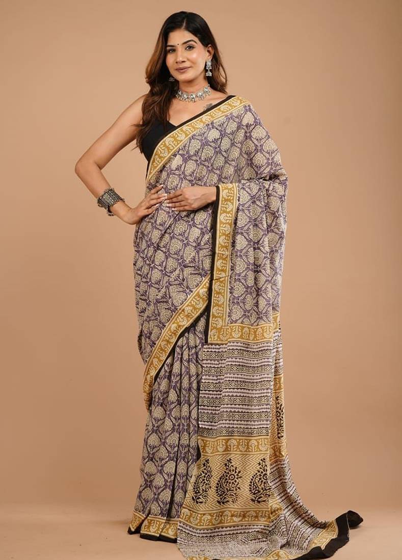 Multicolor cotton hand block printed mulmul sarees with attach printed blouse